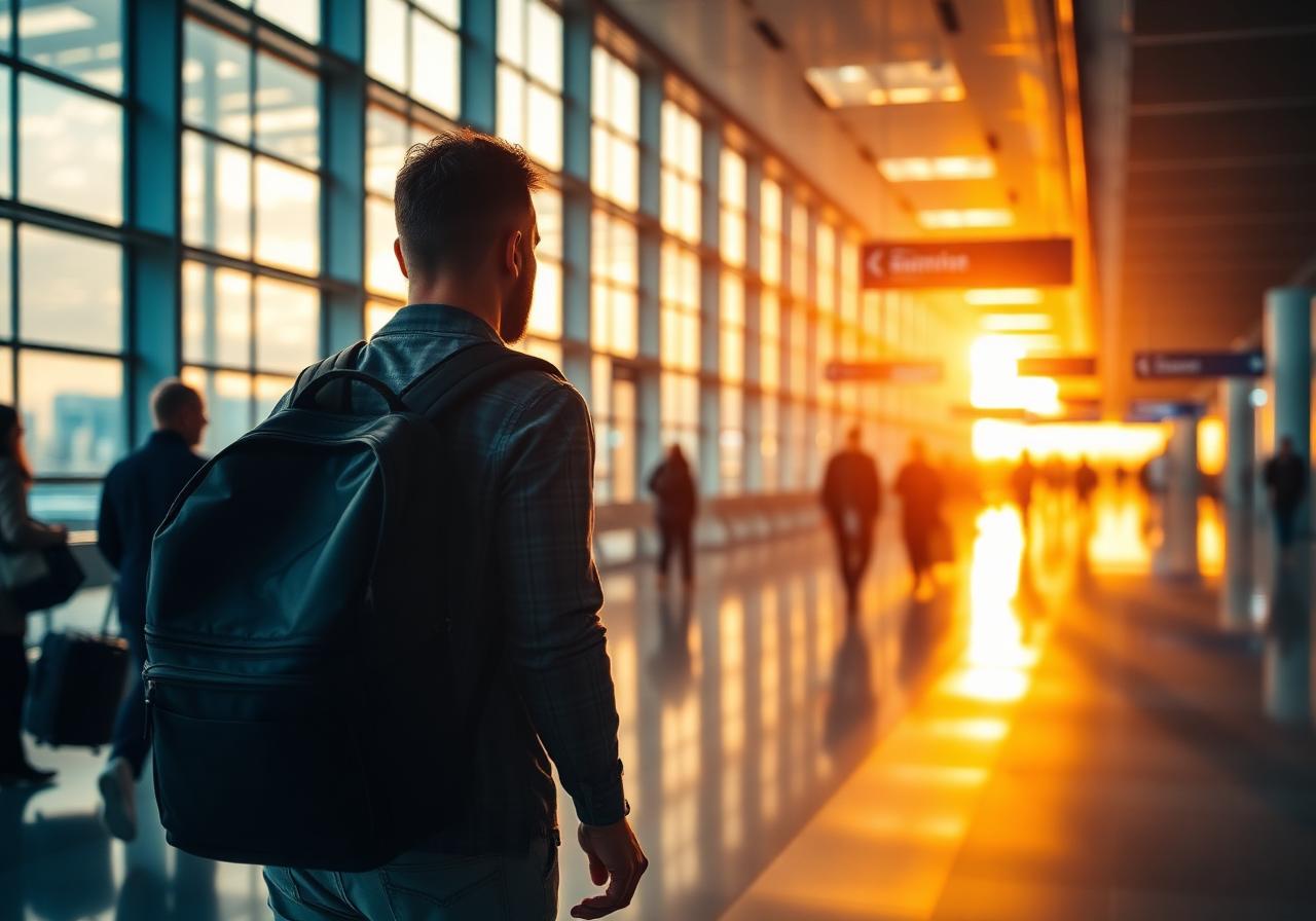 Traveler walking through an international airport at golden hour